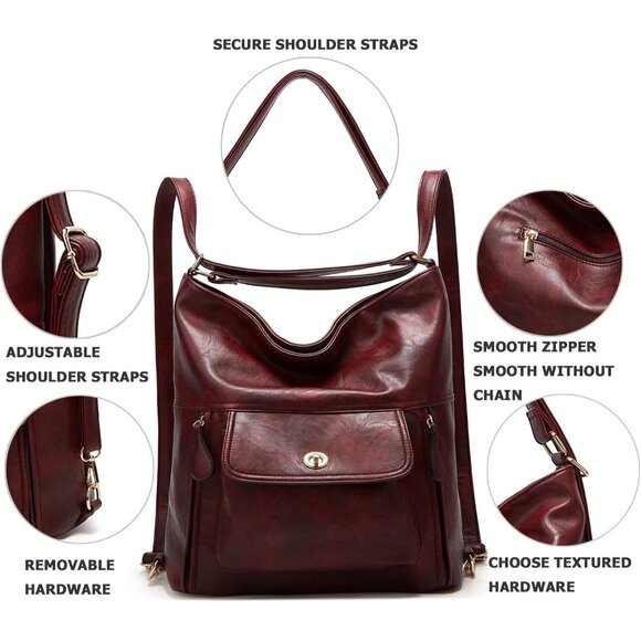 Water Resistant Vintage Convertible Backpack Purse in Burgundy - 35L Capacity - Picture 6 of 6